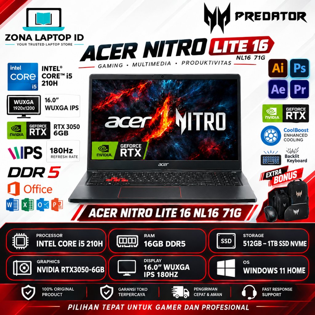 Acer Nitro  Lite 16 NL16-71G Nvidia RTX3050 6GB intel Core 5 210H 40GB DDR5 1TB Ssd 180Hz Windows 11