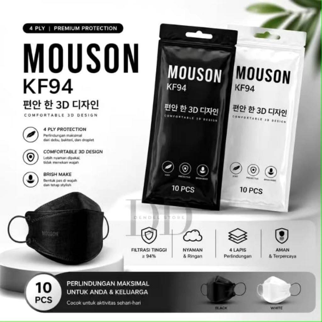 Masker Mouson Original KF94 4Ply Isi 10 Pcs Masker Korea 3D Premium Earloop Hitam Putih Anti Debu Ba