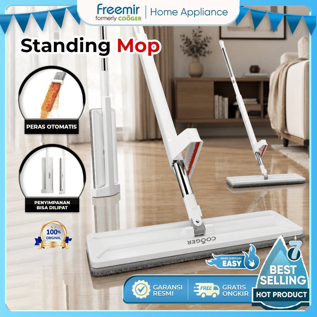 COOGER Alat Pel Lantai Hand-Free Standing Mop Praktis Kain Microfiber Pel Kering Pel Basah