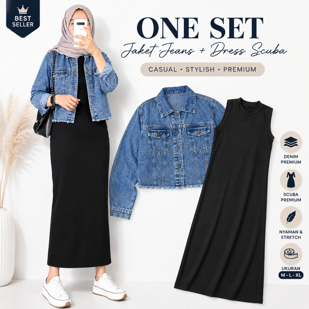 RNA Set Dress Muslim Wanita Maxi Hitam + Jaket Denim Crop | Anime Jacket Set | Baju Gamis Modern Hij