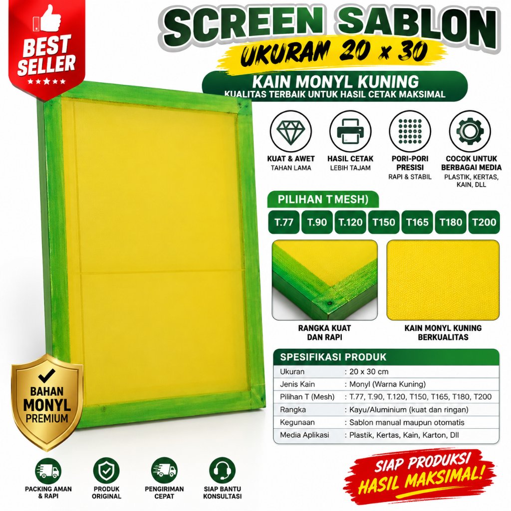SCREEN SABLON 20x30 T.77, T.90, T.120, T150, T165, T180, T200 KAIN MONYL KUNING