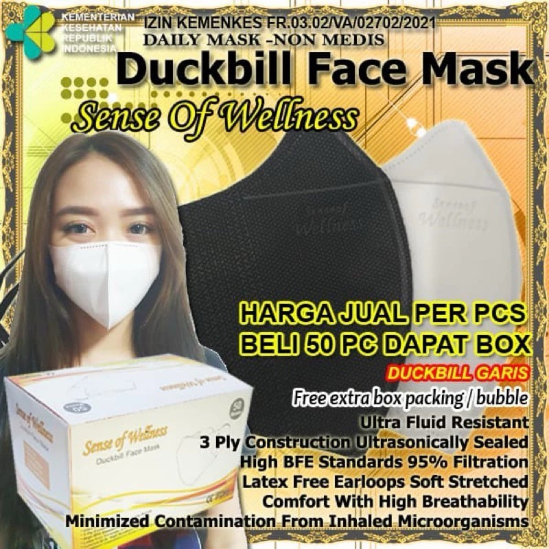 50 pcs Masker Duckbill 3 Ply, Masker Kesehatan Duckbill Sense of Wellness Face Mask Earloop 3 ply