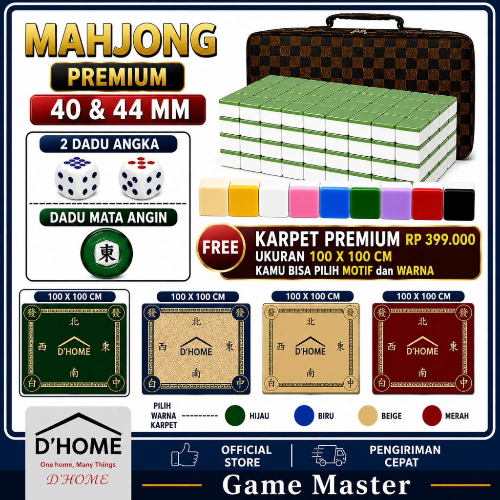 Mahjong Set Premium 40 mm / 44 mm - Ukuran Gede Nyaman Digenggam Bonus Karpet + Dadu + Tas | Kualita