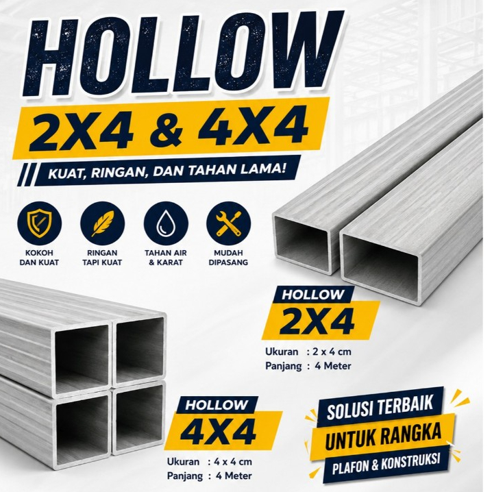 Hollow Besi Aluminium 2x4 & 4x4 4 Meter Tahan Air & Karat untuk Rangka Plafon