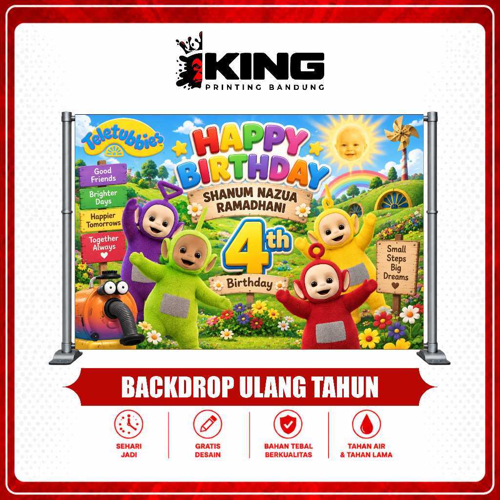 Backdrop Ulang Tahun Anak Tema Teletubbies Custom Nama Foto | Banner Happy Birthday