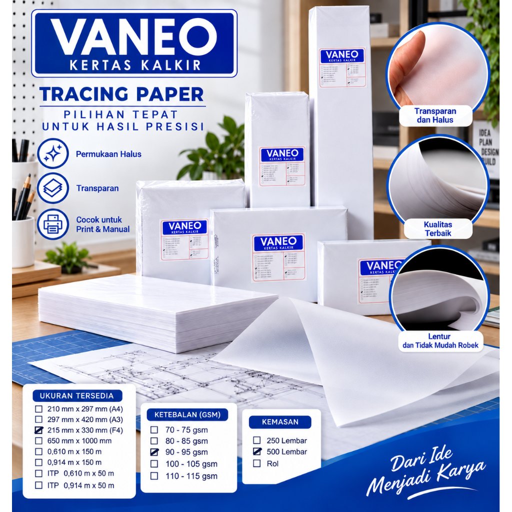 Vaneo Kertas Kalkir F4 Folio 90/95 gsm Tracing Paper