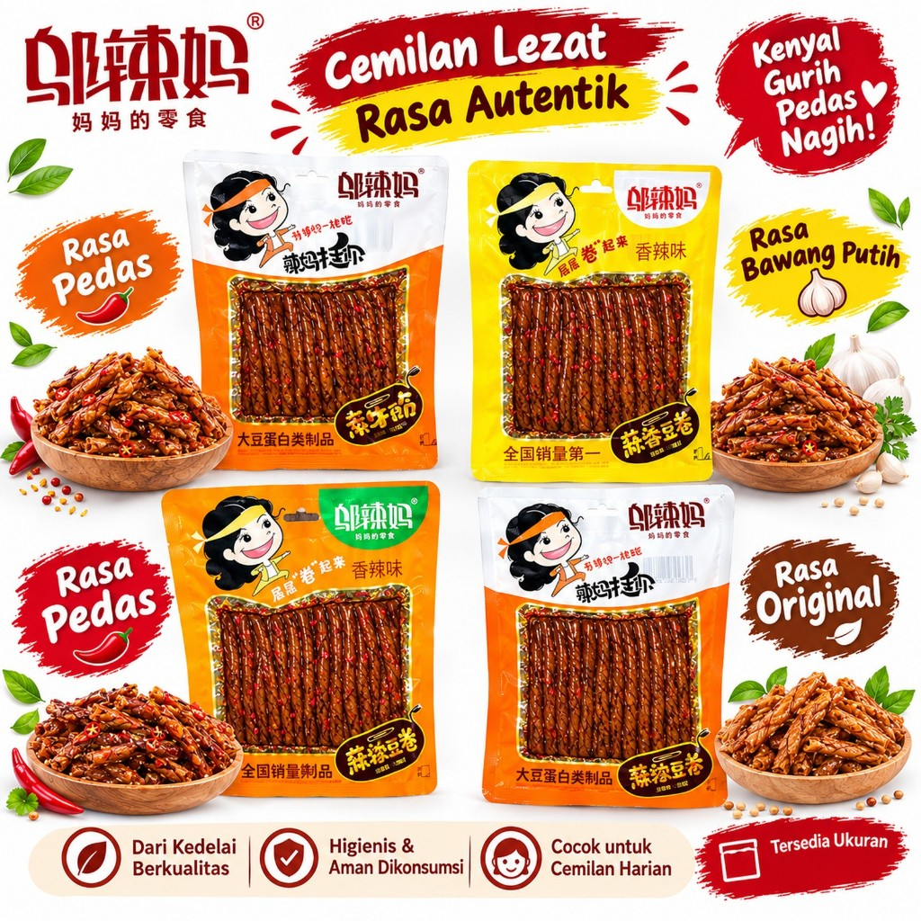Latiao Cemilan pedas - Tofu pedas Snack Kedelai Pedas Gurih Original & Bawang Putih | Camilan Kedela