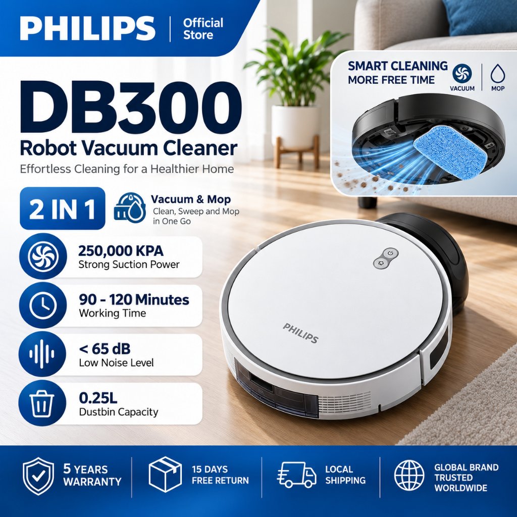 PHILIPS DB300 Robot Vacuum Cleaner 2 in 1 Vacuum Mop Penyedot Debu Otomatis Smart Cleaning 250000KPA
