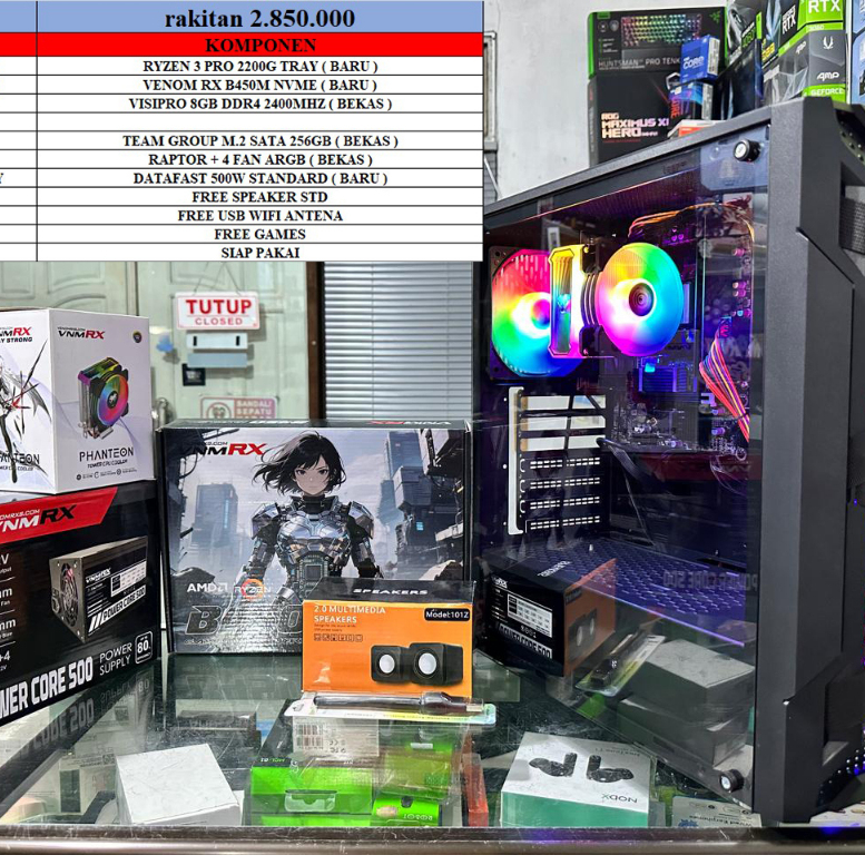 RAKITAN PC GAMING RINGAN SIAP PAKAI RYZEN 3 PRO 2200G RAM 8GB M.2 SATA 256GB PC ONLY BEKAS
