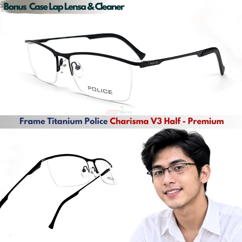 Frame Kacamata Pria Half Titanium Police Charisma V3 L059 Square Lensa Minus Plus Progresif Bluecrom