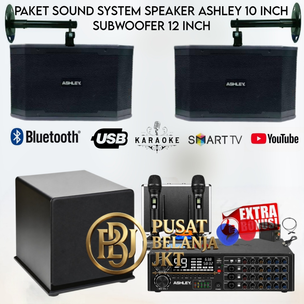 Paket Karaoke Sound System Speaker Ashley 10 Inch Amplifier Ashley Usb Bluetooth Subwoofer 12 Inch M