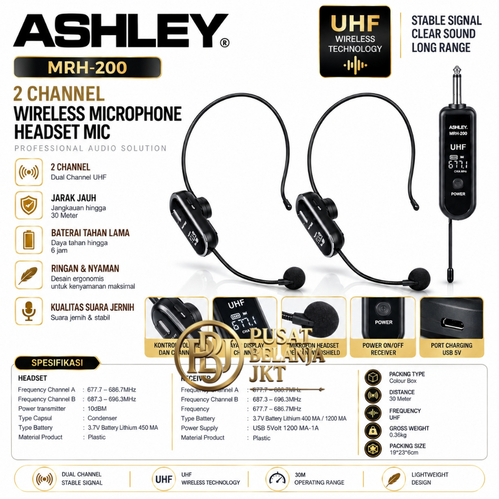Mic Wireless Headset Ashley MRH 200 2 Mic Headset Bando Imam Presentasi Ceramah Senam UHF Rechargera