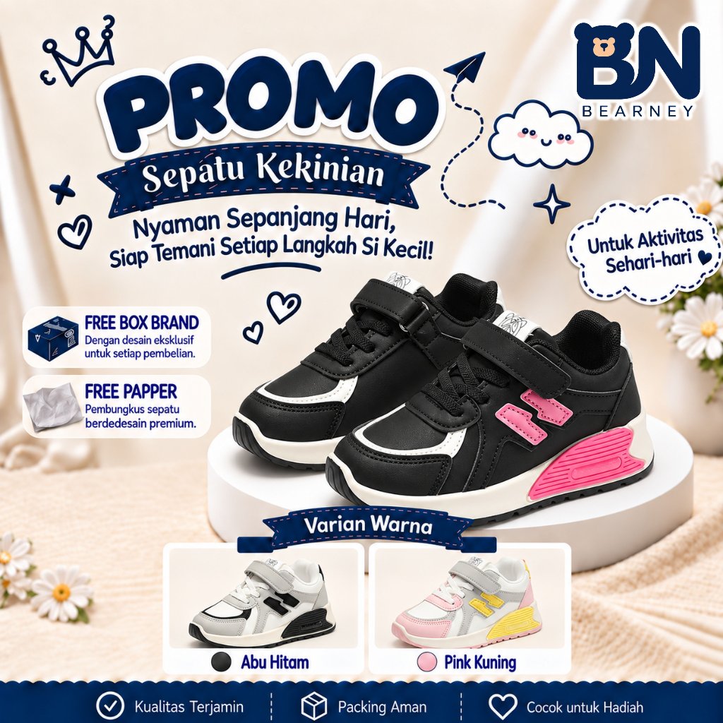 PAYDAY SALE SEPATU ANAK Sepatu Sneaker Olahraga Anak Laki & Perempuan TK SD Abu Pink Hitam Running Y