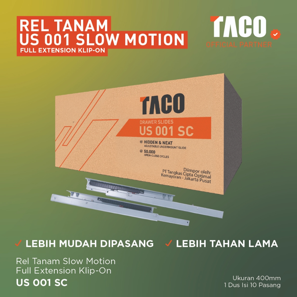 TACO Rel Tandem Slow Motion Soft Close Full Extention Klip On - US 001 SC Ukuran 40 cm 1 DOS (10 PAS