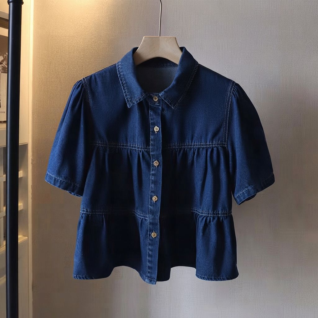 Kemeja Denim Wanita Lengan Puff Pendek