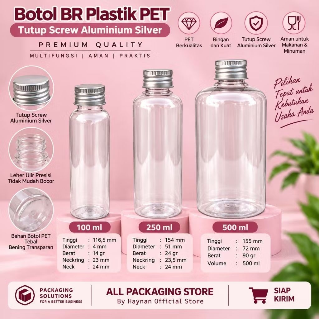 Botol BR Plastik PET Tutup Screw Aluminum Silver 100ml 250ml 500ml | Botol Kosong Clear Transparan S