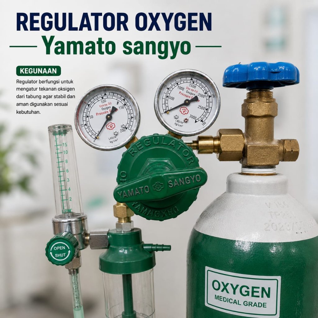 Regulator Oksigen Yamato Sangyo dengan Manometer dan Flowmeter Oksigen Medis