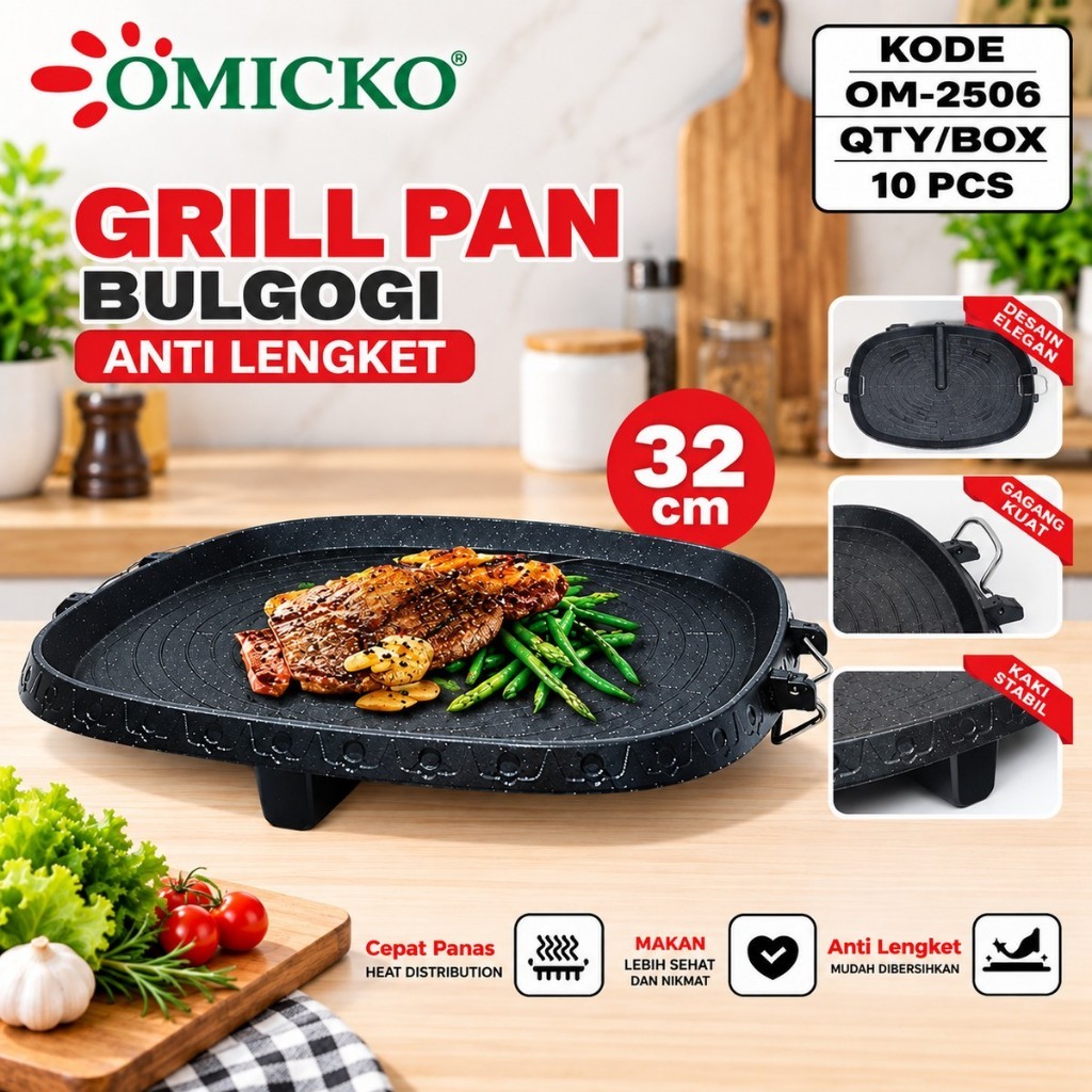 OMICKO Grill Pan Bulgogi 32cm Anti Lengket Pan Grill Pemanggang Daging BBQ Korean Grill