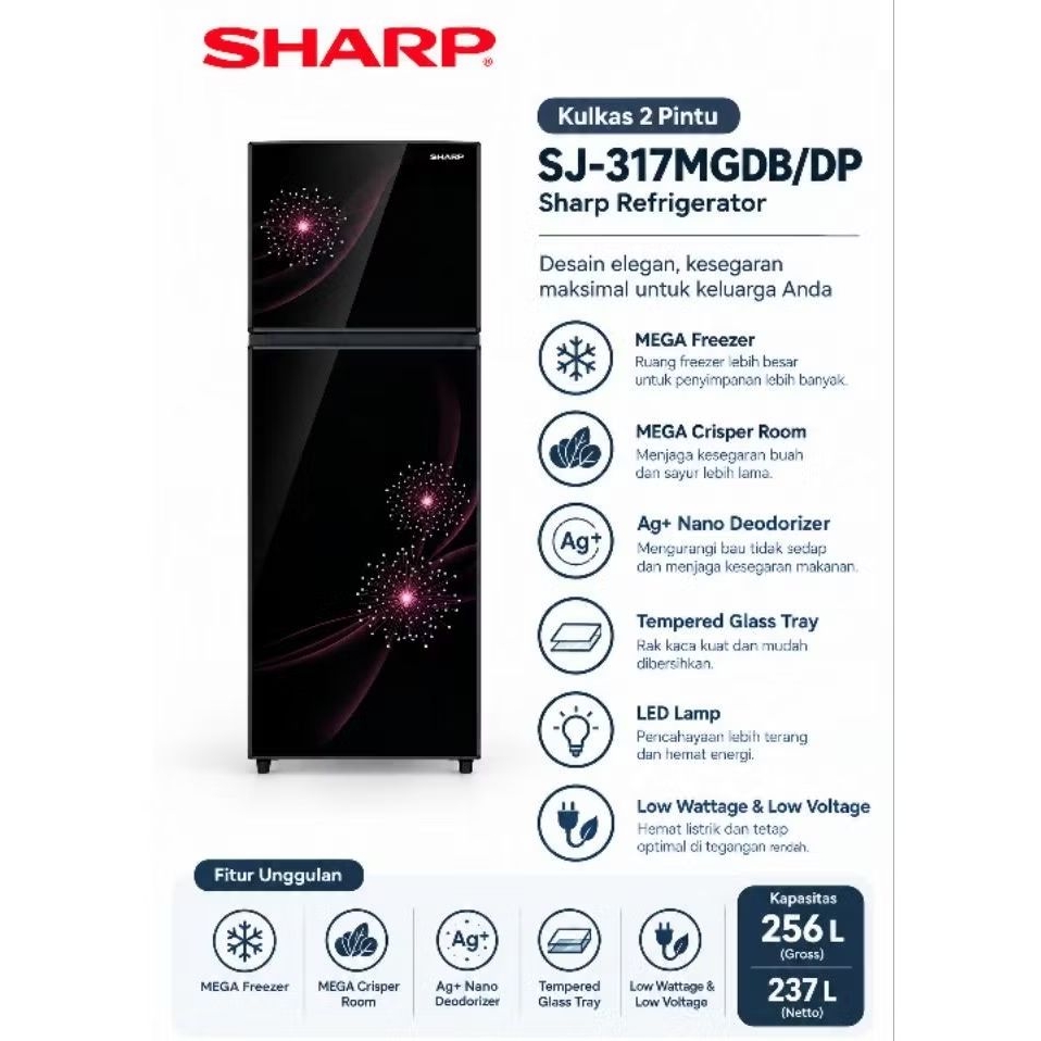 Kulkas Sharp 2 pintu Sj-317MGDB/DP SJ317MG DB/DP