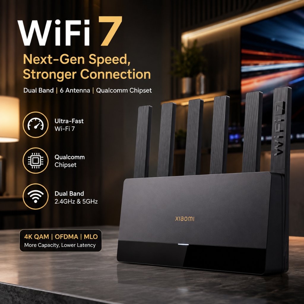 Router WiFi 7 6 Antenna Dual Band Qualcomm 4K QAM OFDMA MLO Modem Wifi Wireless Router