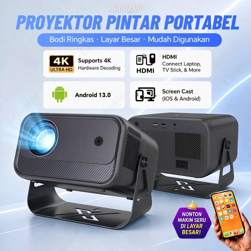 Proyektor Android 13 4K Ultra HD 250 ANSI Fokus Elektrik WiFi Proyektor Mini Home Theater 200 Inch A