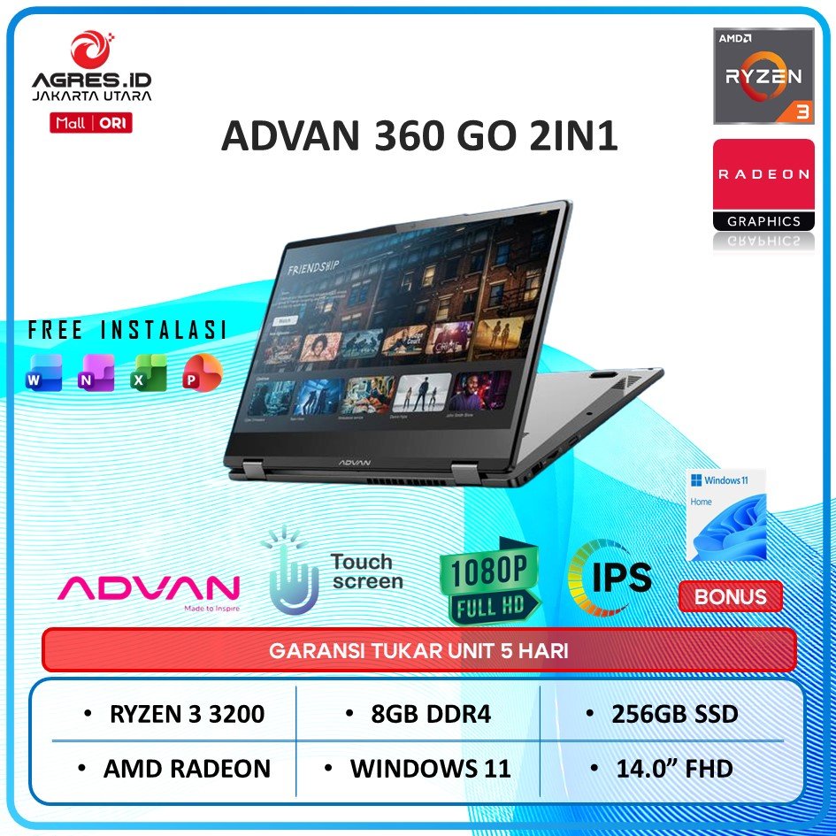 LAPTOP ADVAN 360 GO 2IN1 AMD RYZEN 3 3200 RAM 8GB DDR4 256GB SSD WINDOWS 11 14.0 IPS TOUCH SCREEN - 