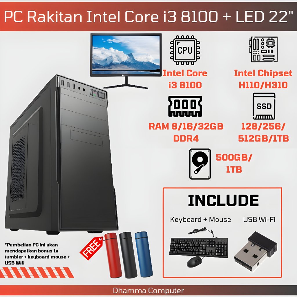 [SIAP PAKAI] Paket Lengkap PC Desktop i3 8100 DDR4 Fullset Monitor LED 22" + WiFi + Keyboard Mouse -