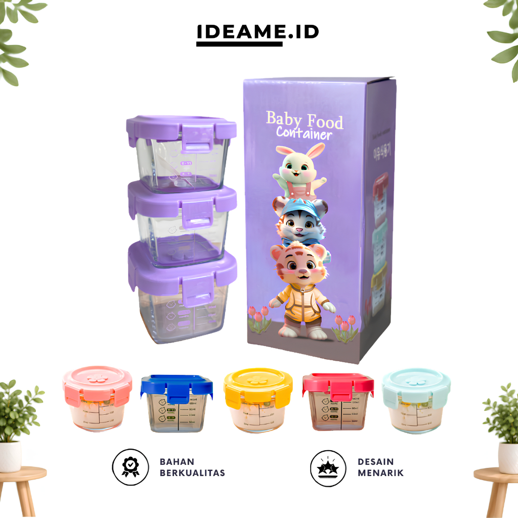 Ideame MPASI 3IN1 Tempat Mpasi Kaca Bayi / Kotak Tempat Makan Kaca Baby Glass Food Container Kedap U