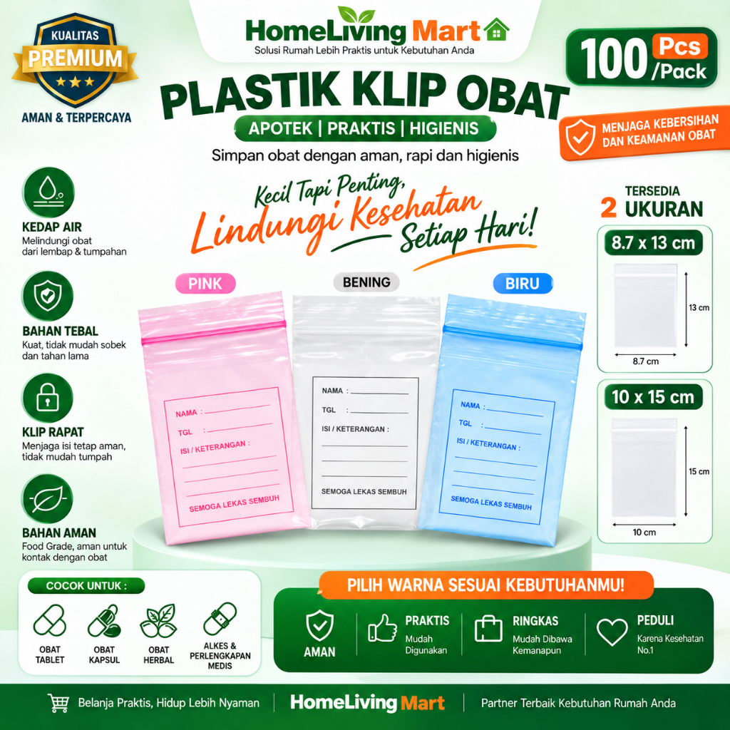 Plastik Klip Obat Apotek Pink-Biru-Bening 1000 Pcs - Kantong Obat Ziplock Mini Tebal Kuat Kemasan Pi