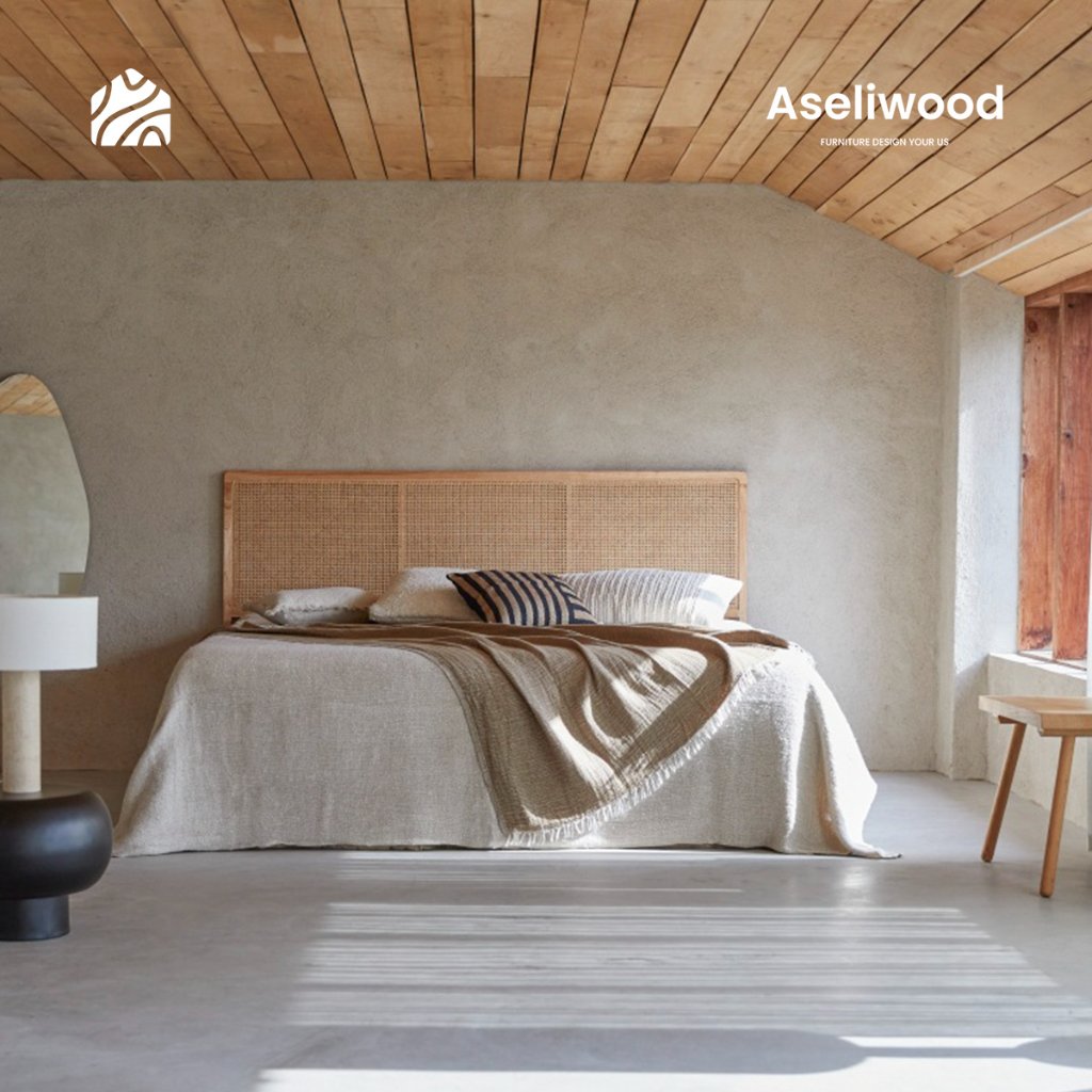 Headboard Tempat Tidur Minimalis Kayu Jati Anyaman Rotan