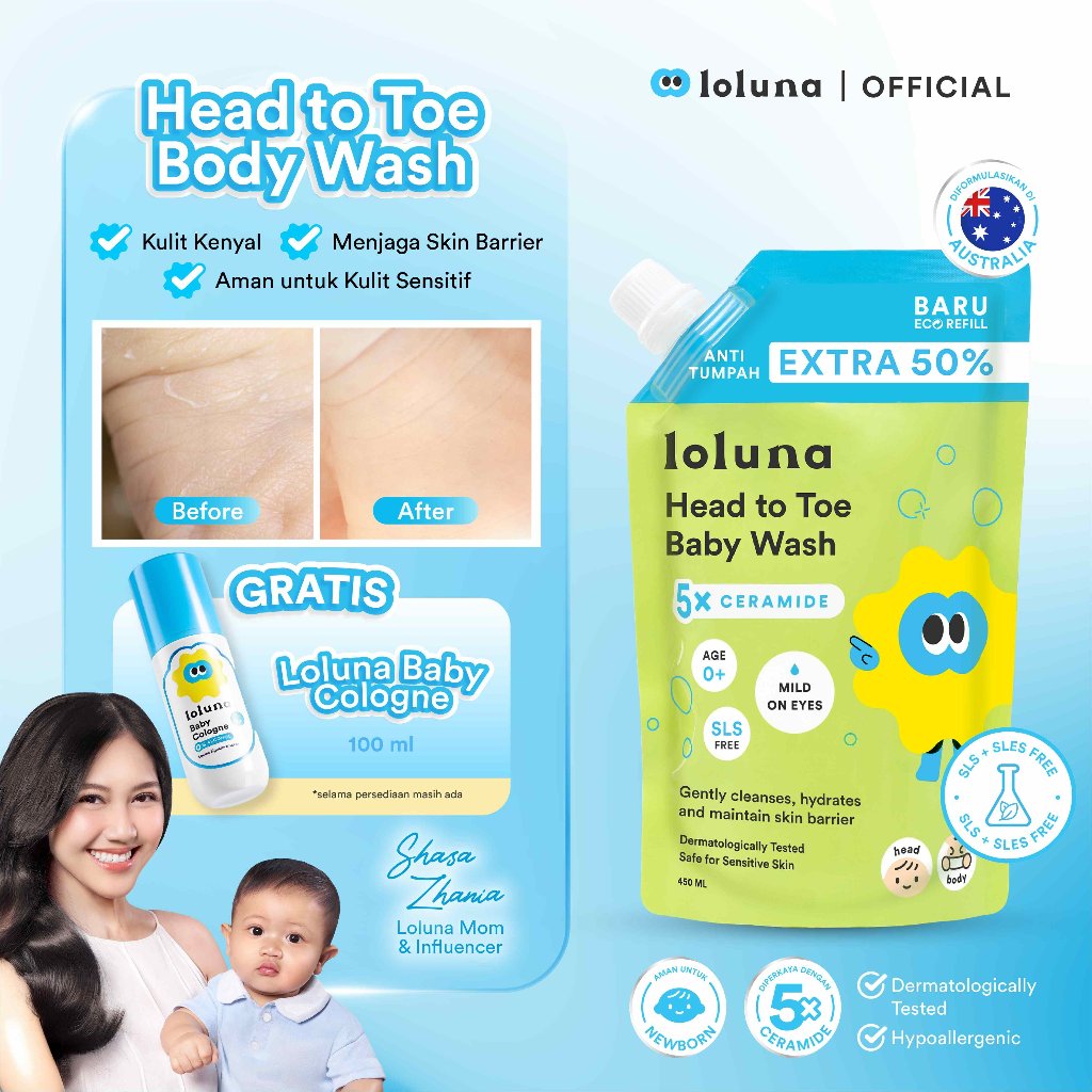 LOLUNA Head to Toe Wash 450ml Refill - Sabun Sampo Mandi Perawatan Kulit Bayi dan Anak / Sabun untuk