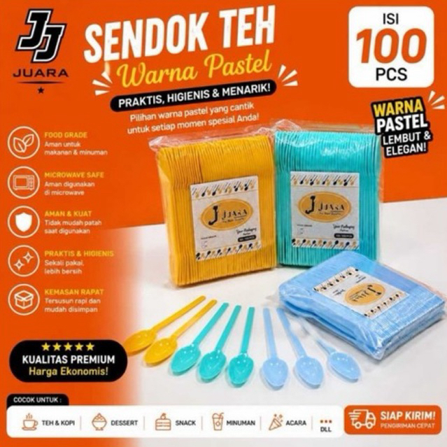Sendok Teh Plastik warna pastel 100 Pcs - Gagang Besar, Warna Acak, Merk Juara
