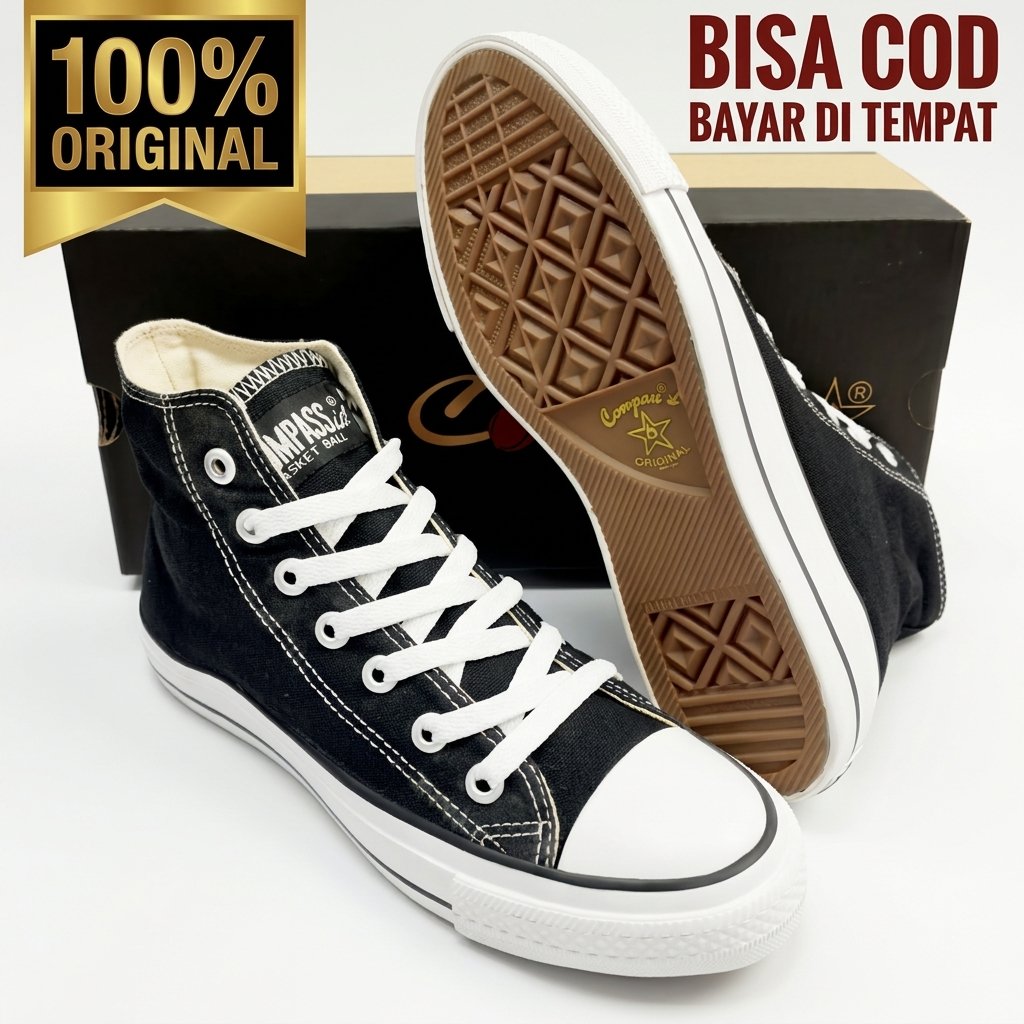 Sepatu Compass Alecio Ori / Sepatu Sekolah Hitam Putih Tinggi / Compass Ori