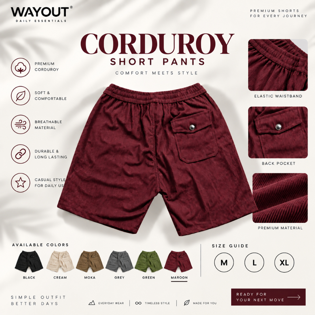 Celana Pendek WAYOUT Corduroy Celana Pendek dengan Pinggang Karet Kantong Belakang Warna Marun