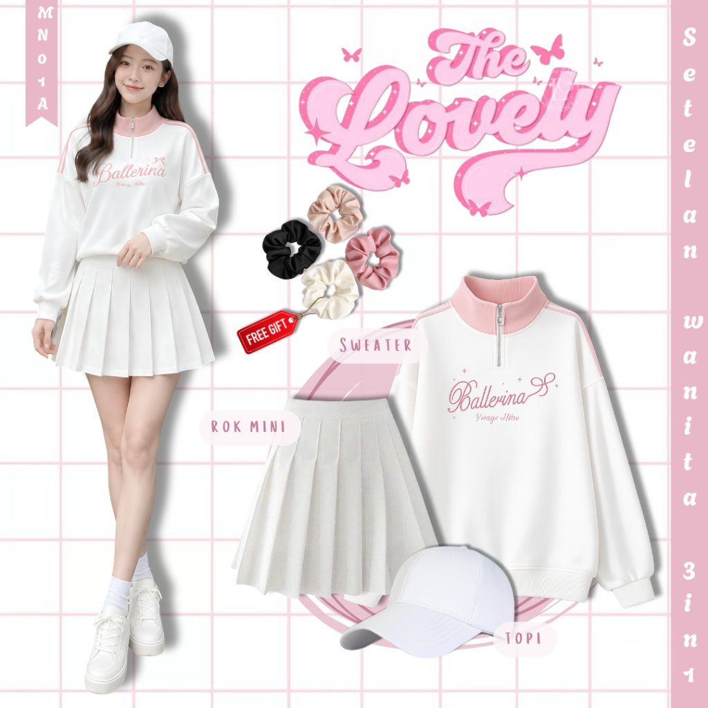 3in1 One Set Wanita Sport Korean Style Sweater Halfzip Rok Wiru Mini Topi Baseball Fashion Trend MN0