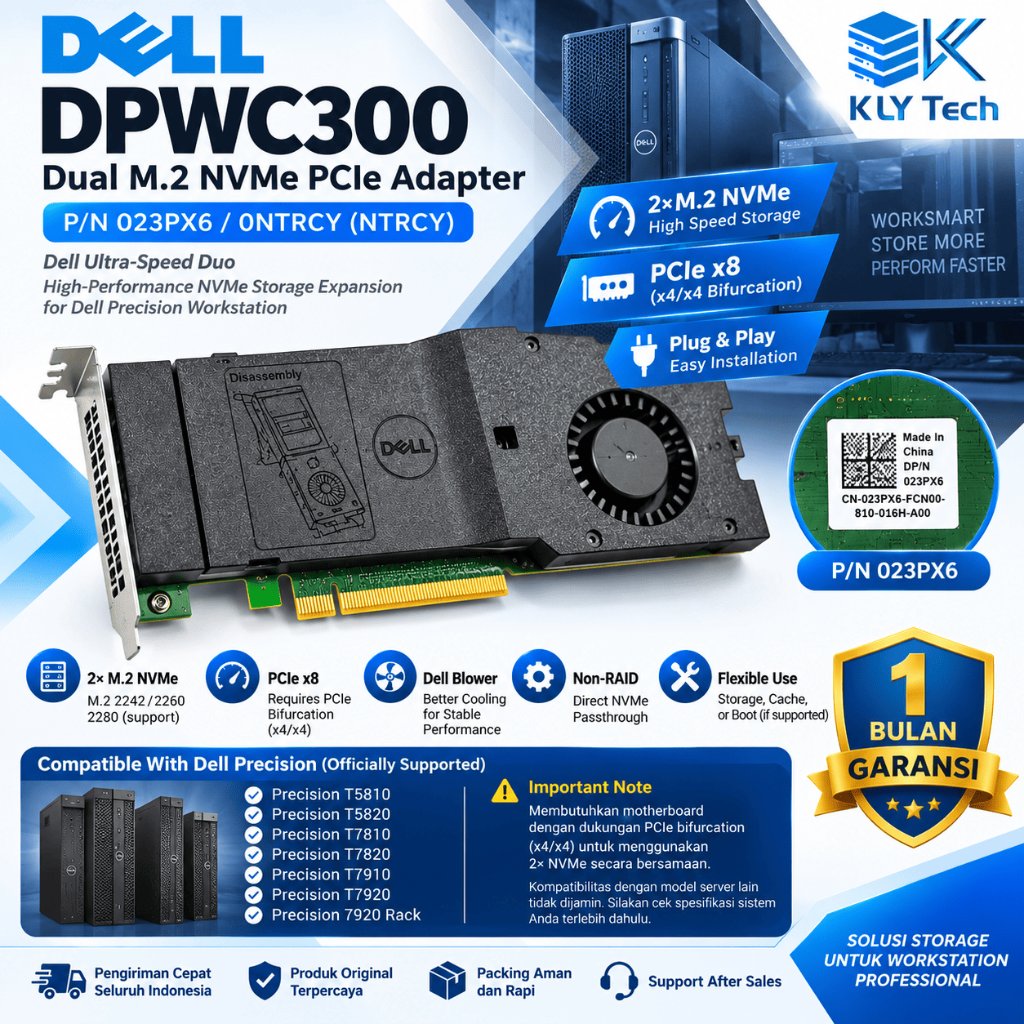 Dell DPWC300 023PX6 Dual M.2 NVMe PCIe x8 Adapter 2 Slot SSD
