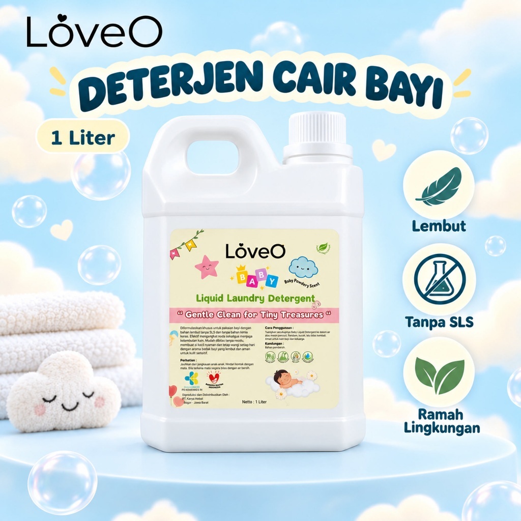 1 Liter LoveO Baby Liquid Detergent, Deterjen Laundry Pakaian Bayi, Non SLS, Harum Lembut