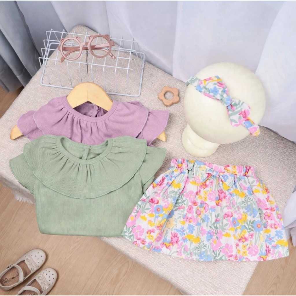 Leona Set Baby uk 6-12 Bulan / Kaos Katun Rib Ruffle Baju Bayi Perempuan Harian Baru Lahir Setelan D