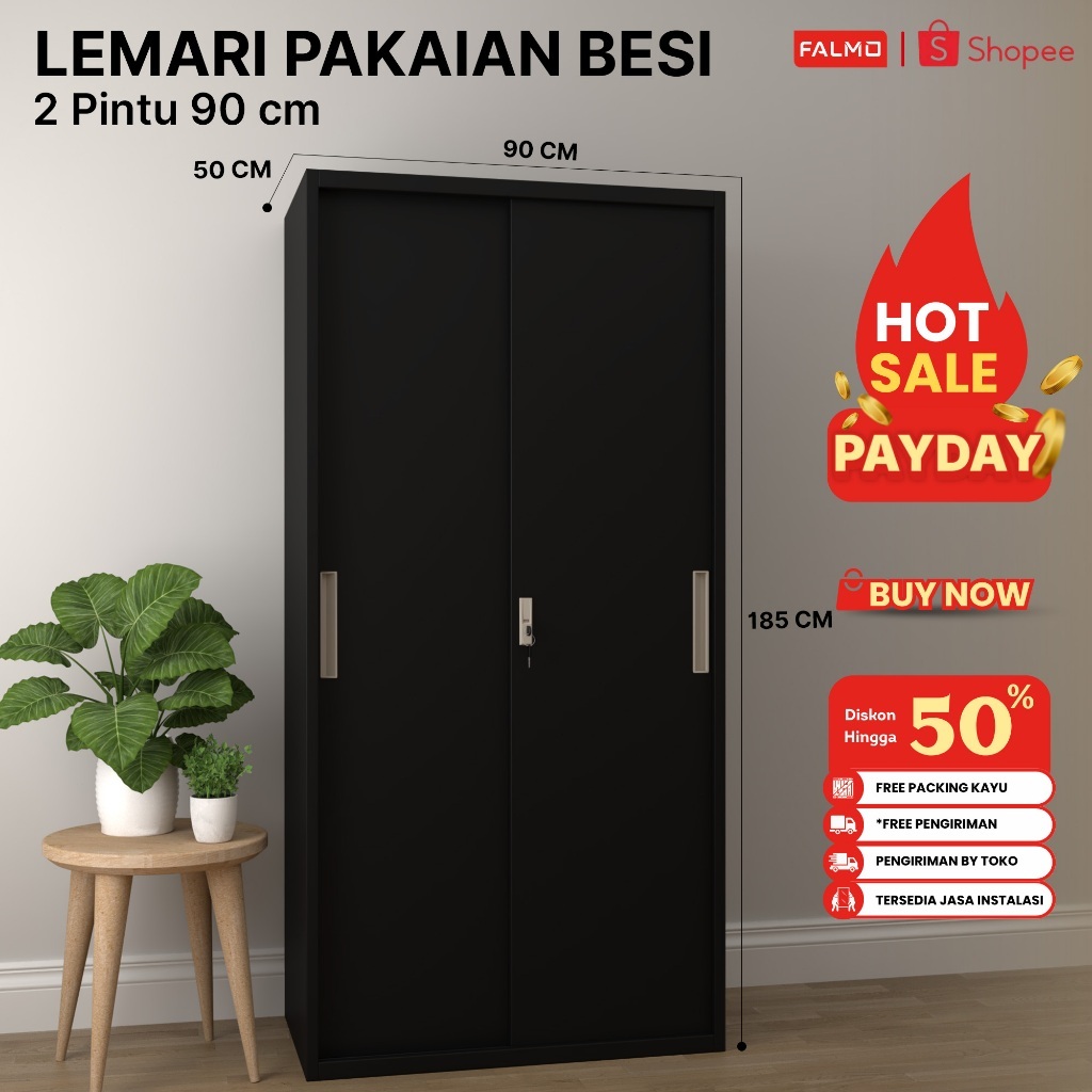 FALMO Lemari Pakaian Besi 2 Pintu 90cm Tanpa Cermin Model Baru Diskon Spesial Rak Pakaian Minimalis 