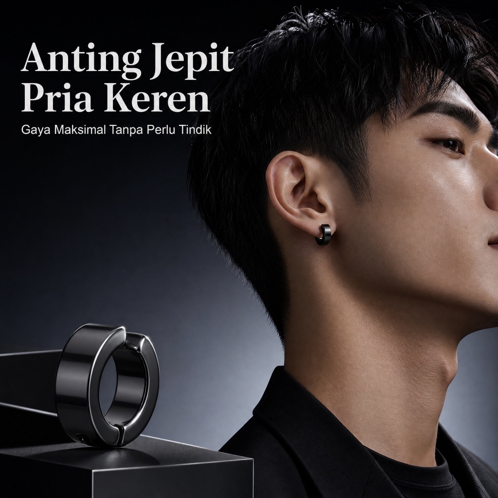 Anting Jepit Pria Titanium Anti Karat | Model Hoop Tanpa Tindik | Anting Cowok Hitam Silver Keren