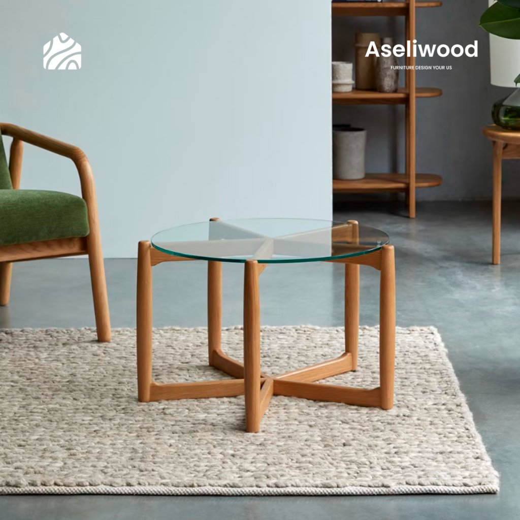 Meja Tamu Bulat Minimalis Top Kaca Kayu Jati Solid Coffee Table