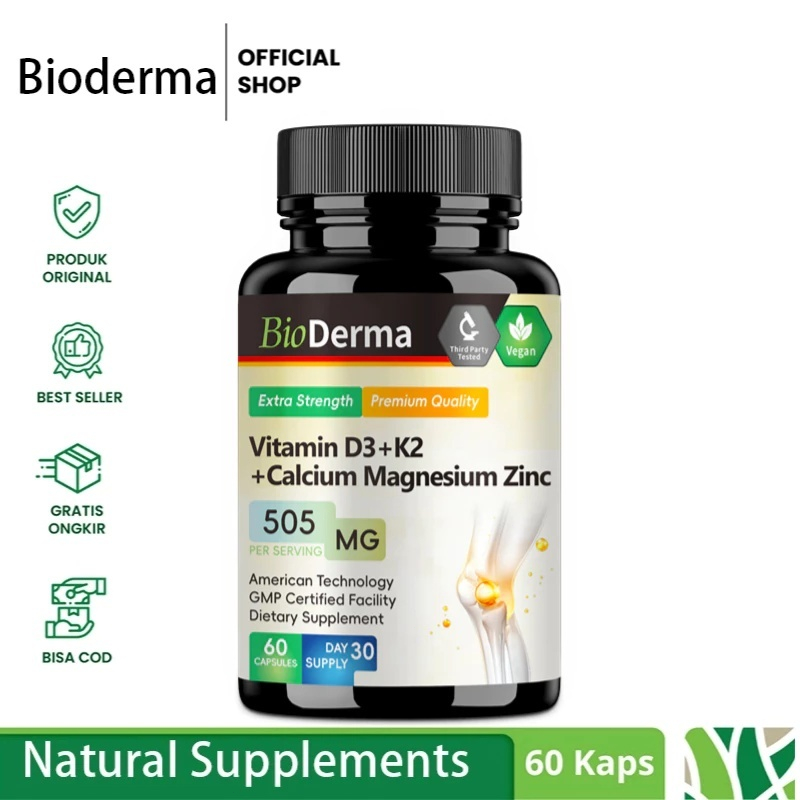 Bioderma Vitamin D3+K2 + Kalsium Magnesium Seng 505 MG 60 Kapsul Suplemen Makanan Vegan