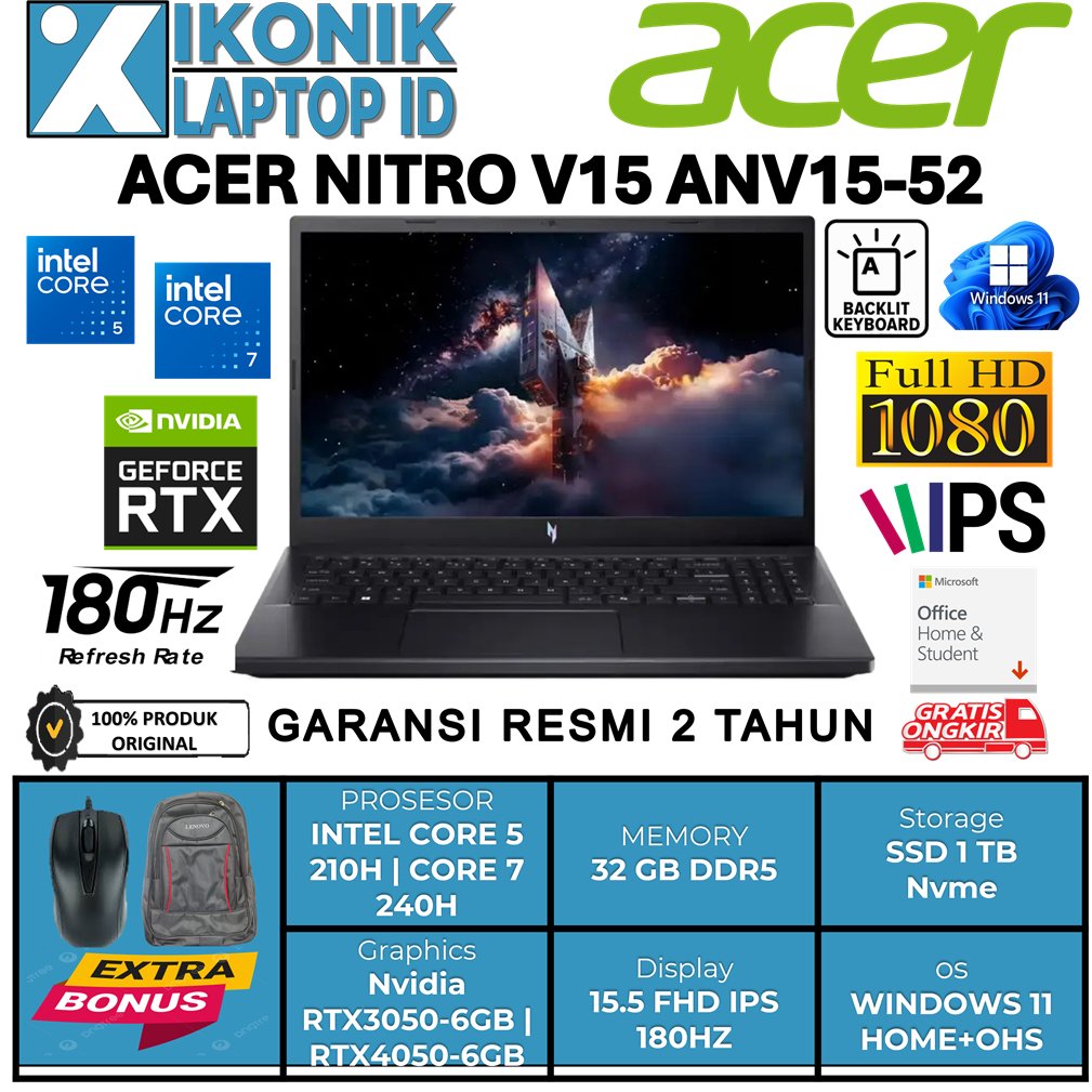 Laptop Acer Nitro V15 ANV15-52 Intel Core RTX3050 | RTX4050 32GB DDR5 SSD 1TB 15.5 FHD IPS 180Hz