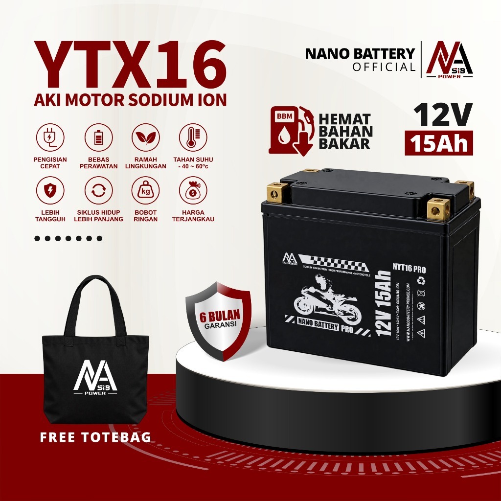 NANO BATTERY Aki Motor YTX16 Sodium Ion 12V 15Ah Accu Moge Kering Garansi Resmi Pabrik MF Motorcycle