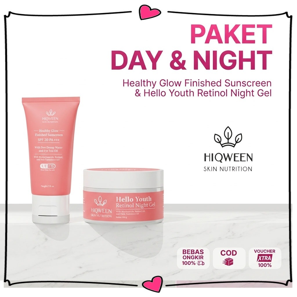 SKINCARE Hiqween Paket Sunscreen SPF 50PA+++ Retinol Krim Malam Mencerahkan Melembapkan Hilangkan Fl