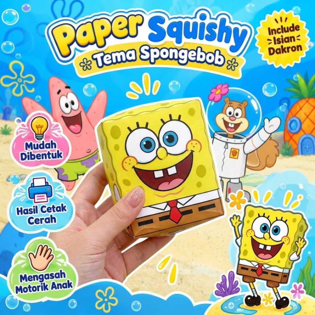 Paper Squishy Tema Spongebob Dengan Isian Dakron | DIY Kertas Squishy | DIY Paper Squishy