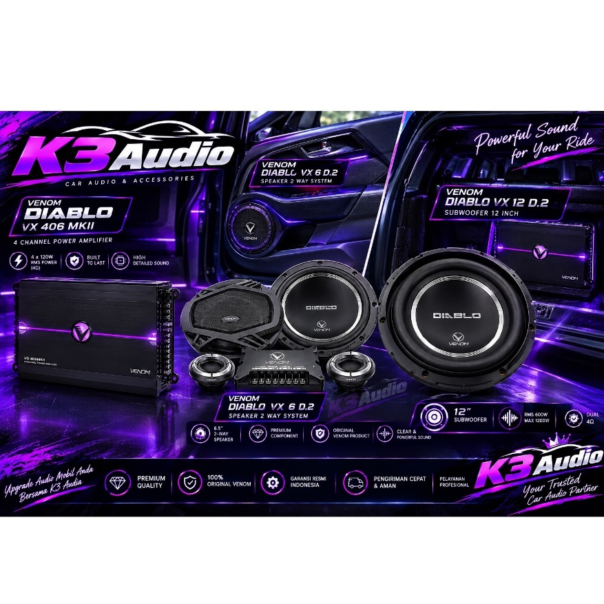 PAKET AUDIO MOBIL VENOM DIABLO POWER SPLIT SUBWOOFER GARANSI RESMI VENOM