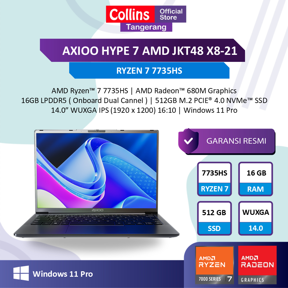 Laptop Axioo Hype 7 AMD X8-21 JKT48 AMD Ryzen 7 7735HS RAM 16GB 512GB SSD 14" WUXGA Windows 11 Pro