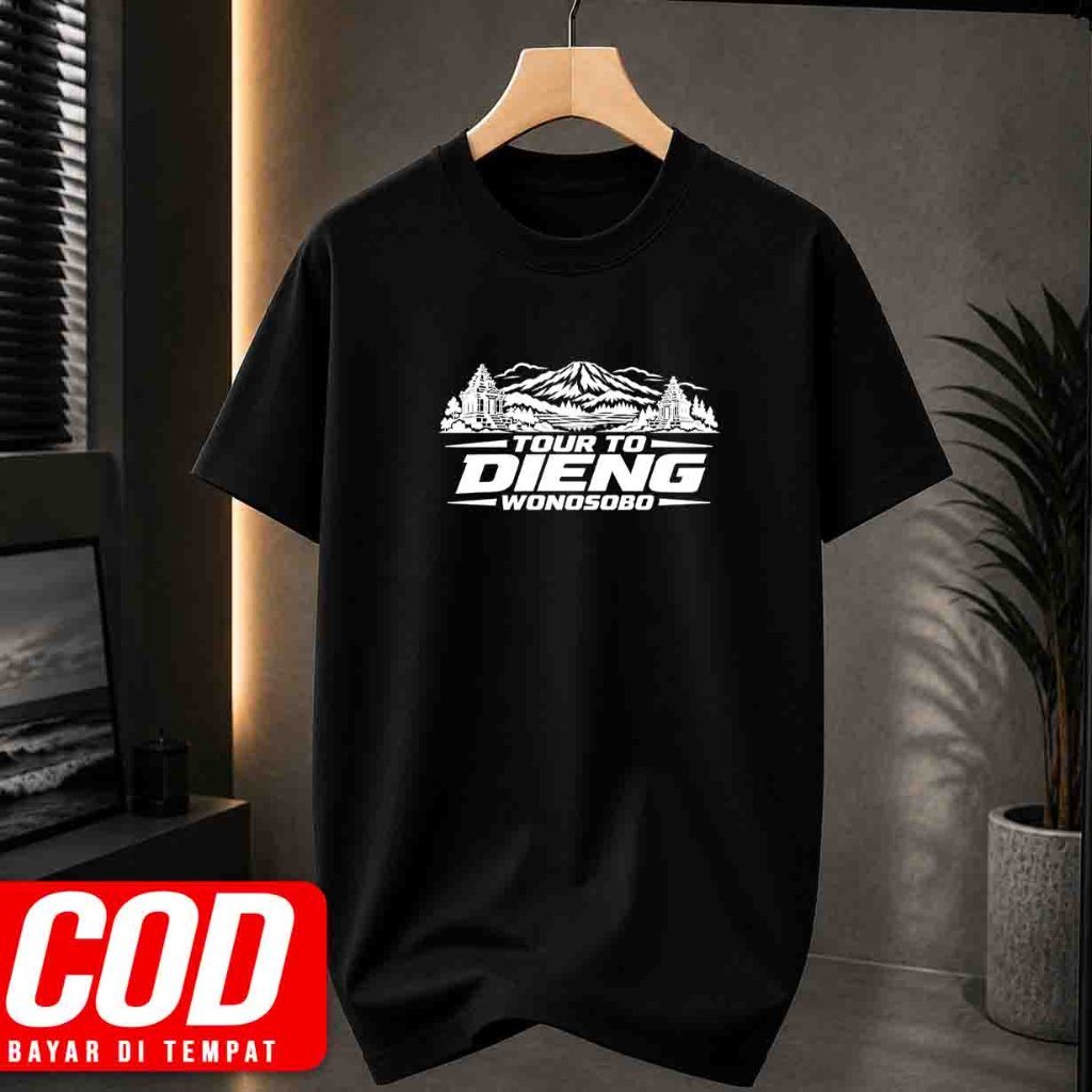 Kaos Kaus Hitam Lengan Pendek Tour To Dieng Wonosobo Motif Peci Gunung