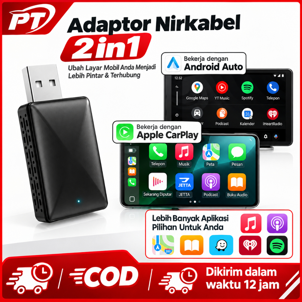 Adapter nirkabel CarPlay & Android Auto untuk mobil dengan sistem kabel bawaan pabrik; CarPlay & And